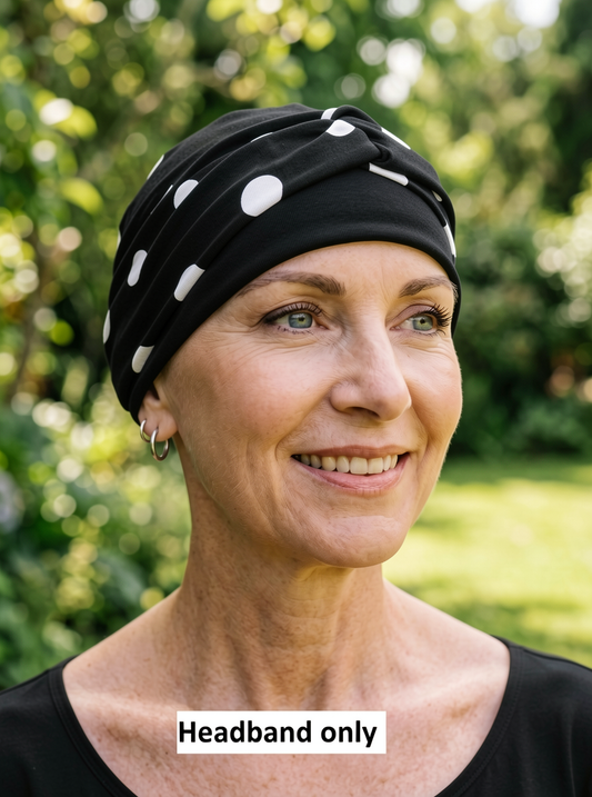 Soft twist jersey headband - chemo headwear accessory - Black polka