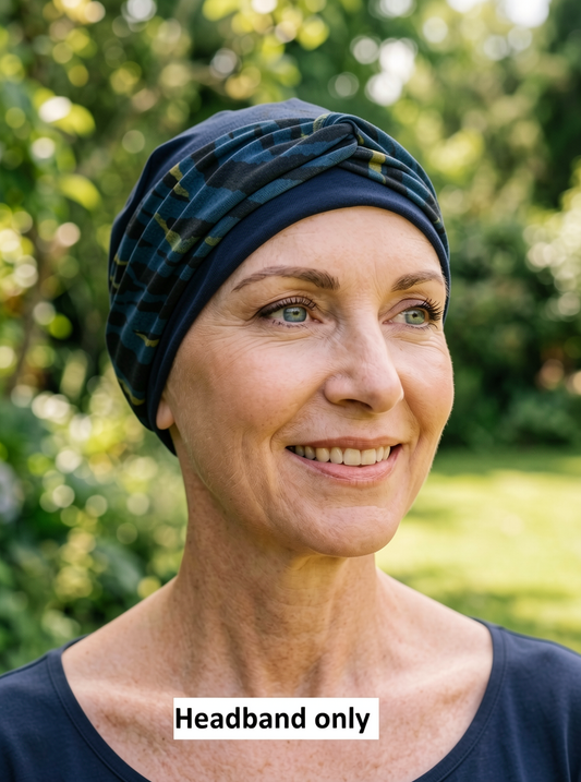 Soft twist jersey patterned stretchy chemo headbands - Sara blue gold tiger