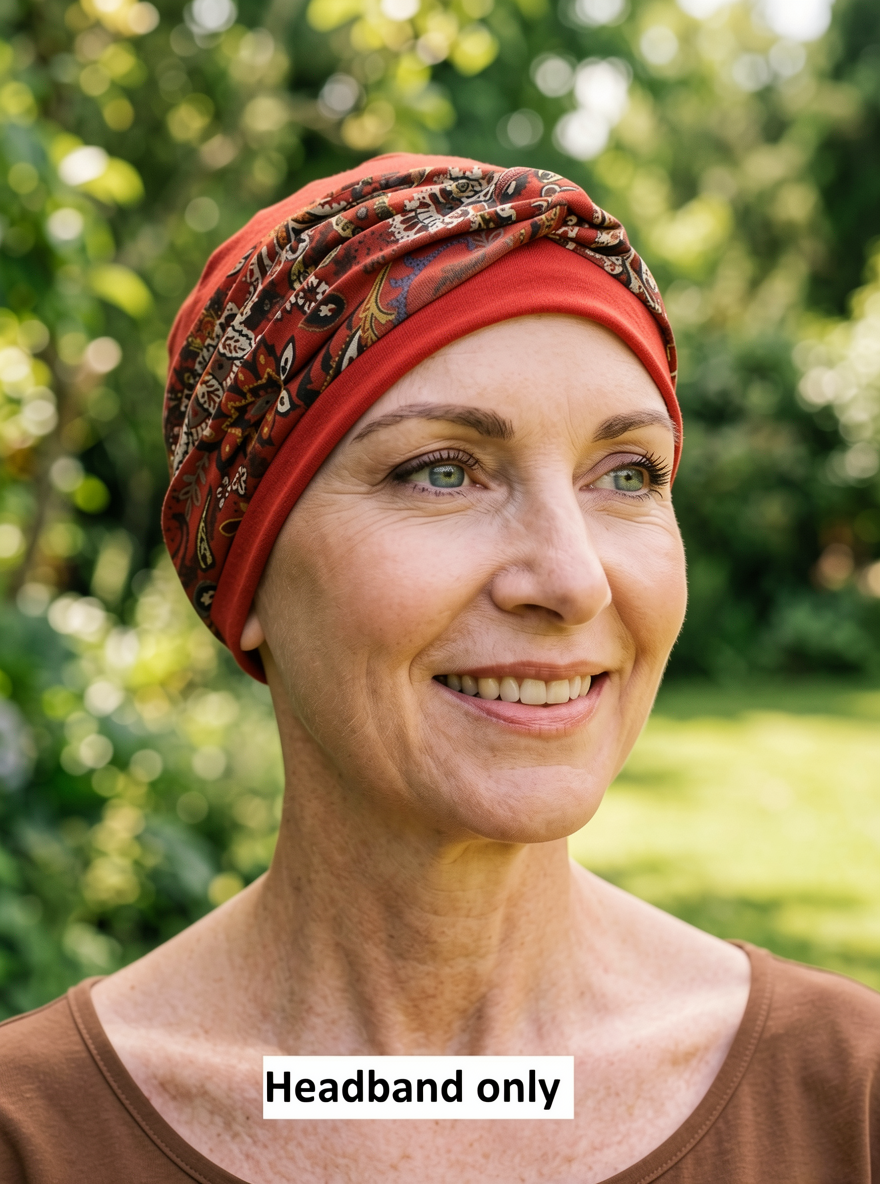 Soft twist jersey patterned stretchy chemo headbands - Sara copper paisley