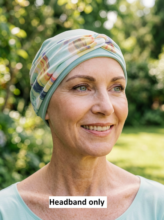 Soft twist jersey patterned stretchy chemo headbands - Sara duck egg kaleidoscope