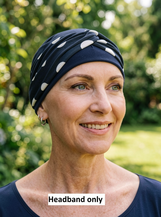 Soft twist jersey headband - chemo headwear accessory - Navy polka