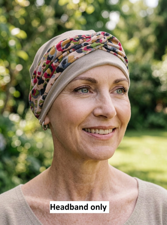 Soft twist jersey headband - chemo headwear accessory - Sara beige red green animal