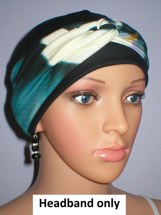 Soft twist jersey patterned stretchy chemo headbands - Sara black teal lavender haze
