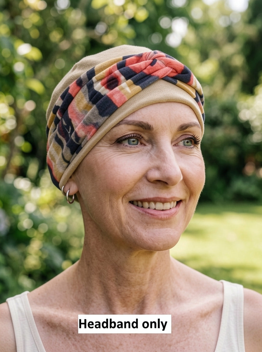 Soft jersey headband with twist detail  - chemo hat accessory - Sara navy coral ochre art