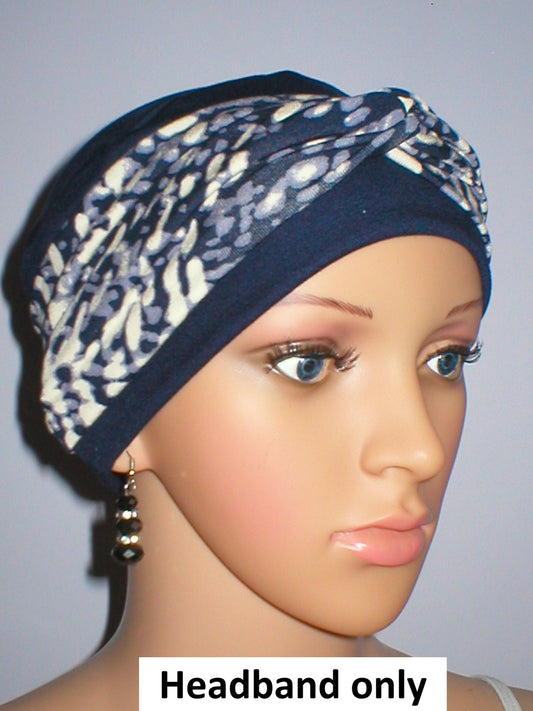 Soft jersey twist headband - chemo headwear accessory - Sara navy cream cobbles