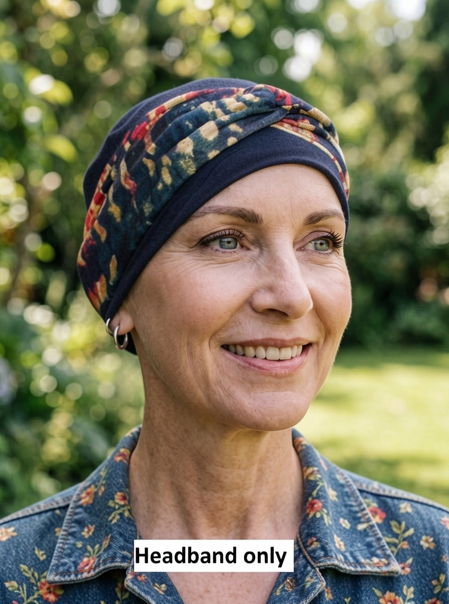Soft jersey headband with twist detail - chemo hat accessory - Sara navy red pebbles
