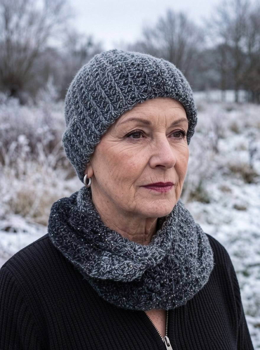 Supersoft hand crochet sparkle beanie hat with turn up and infinity scarf - Shadow