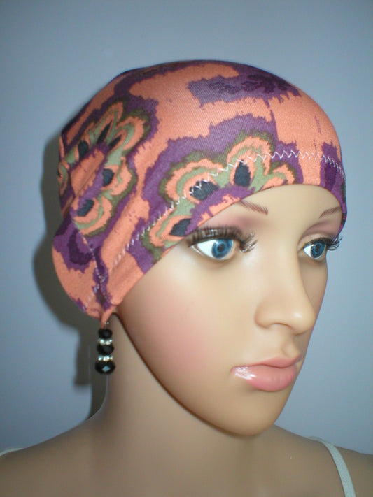 Soft lightweight comfortable chemo sleep hat/sleep cap - peach plum paisley