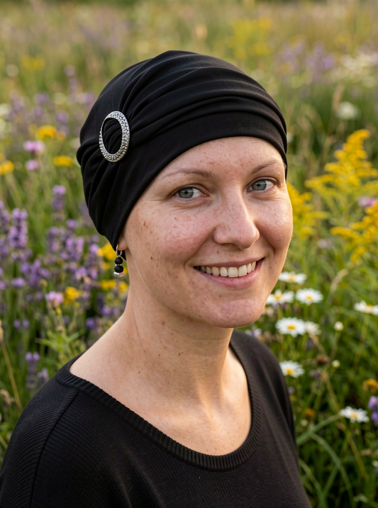 Soft jersey chemo hat and headband with sparkly buckle - Sophie silver black