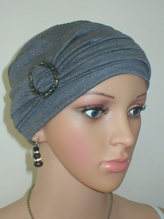 Soft breathable comfortable chemo hat and removable buckle headband - Full coverage chemo headwear for cancer hairloss or Alopecia - Sophie dark grey marl black