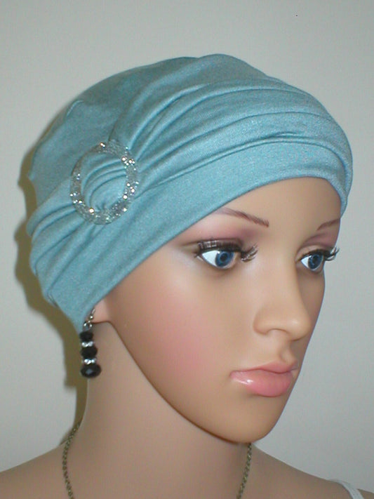 Soft breathable comfortable chemo hat and removable buckle headband - Full coverage chemo headwear for cancer hairloss or Alopecia - Sophie - Duck egg silver