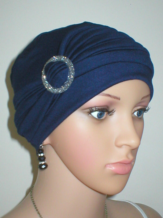 Soft breathable comfortable chemo hat and removable buckle headband - Full coverage chemo headwear for cancer hairloss or Alopecia - Sophie - Navy silver