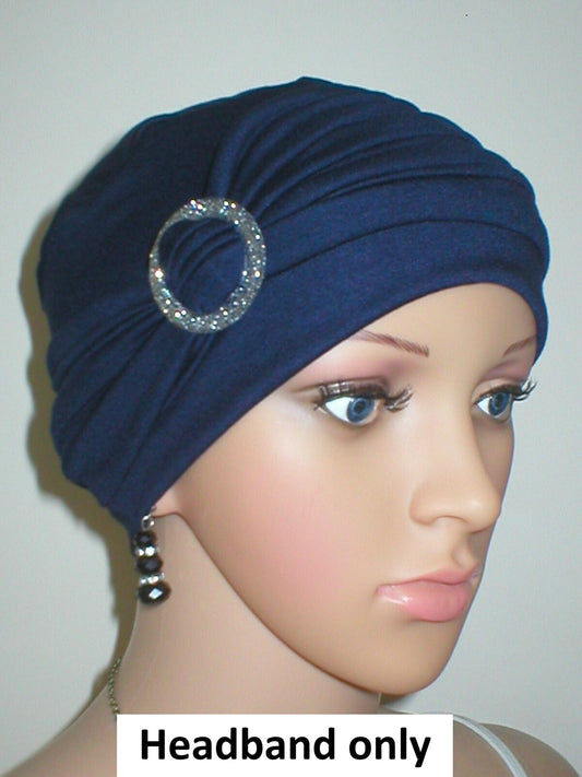 Soft jersey headband with buckle - chemo hat accessory - Sophie navy silver