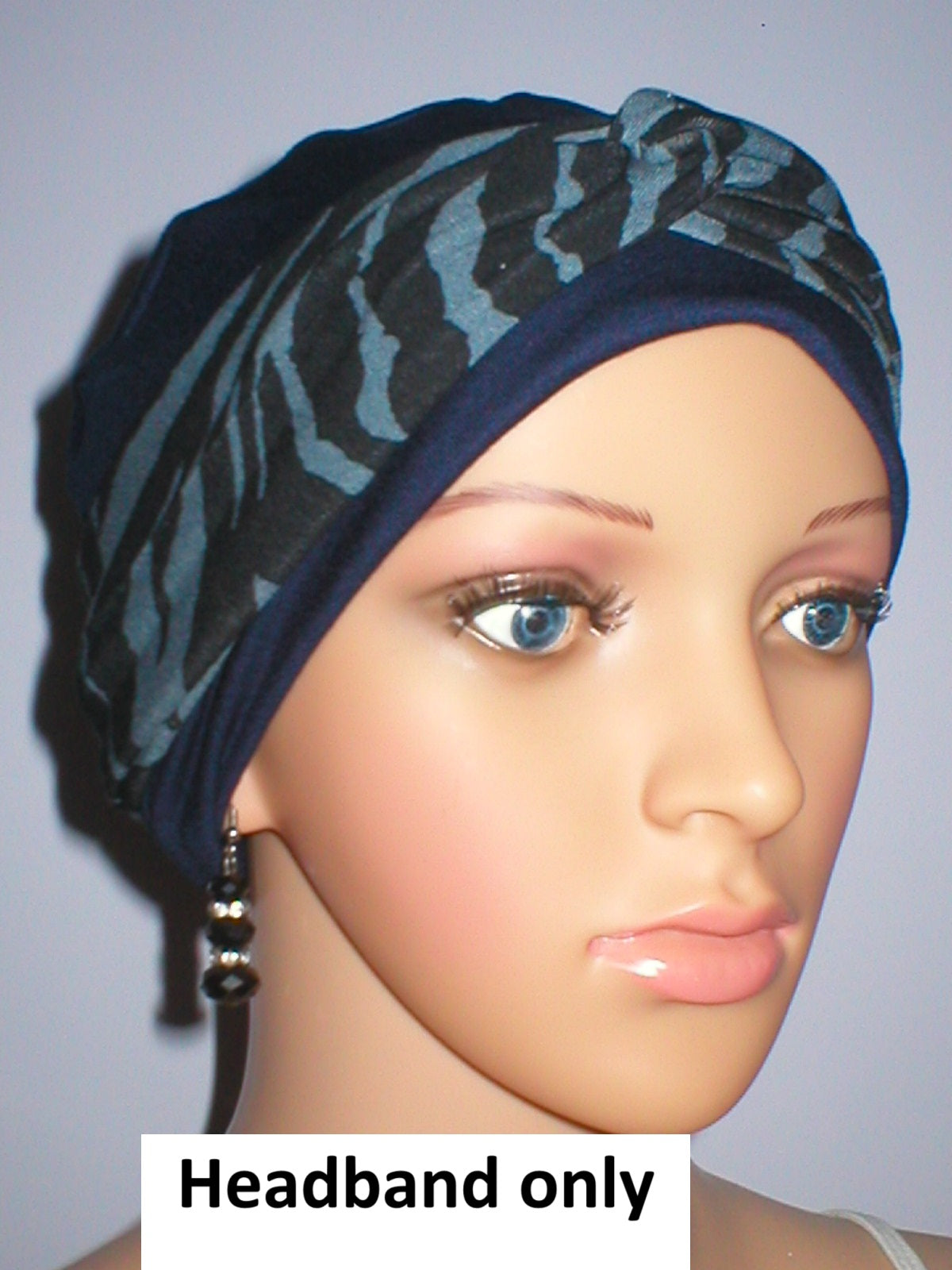 Soft patterned jersey twist ladies chemo headband - Sara blue black zebra