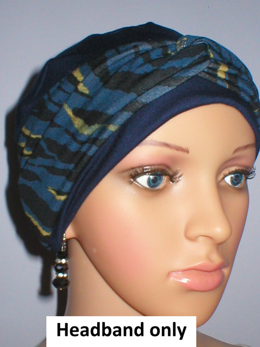 Soft twist jersey patterned stretchy chemo headbands - Sara blue gold tiger