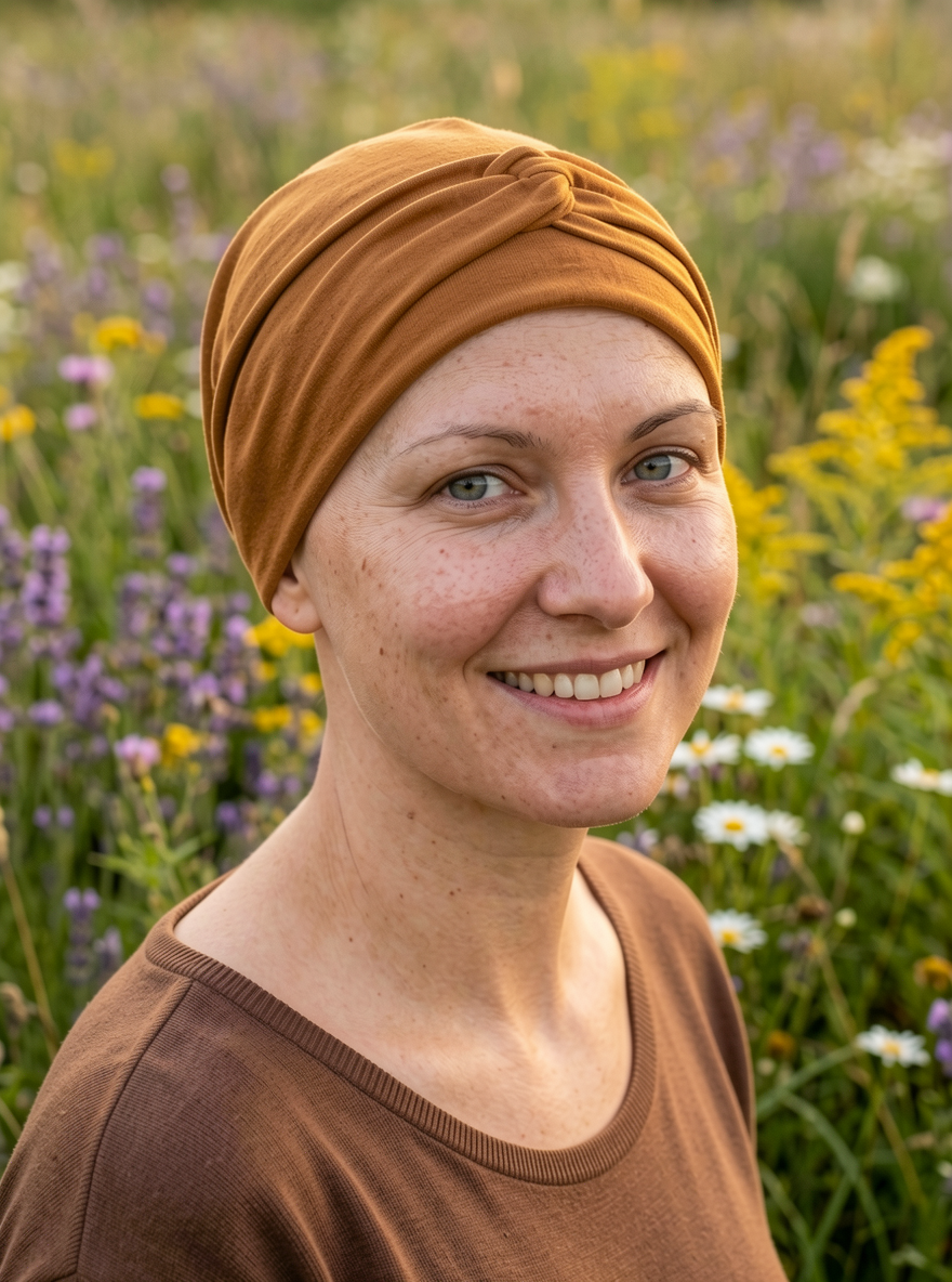 Soft jersey chemo hat and twisy headband - Suzie ochre