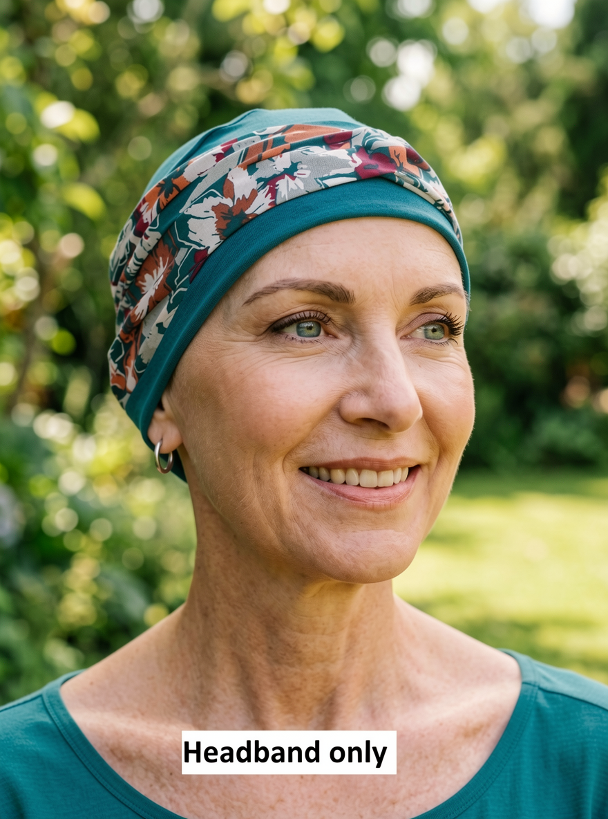 Soft twist jersey patterned stretchy chemo headbands - Sara teal pansy