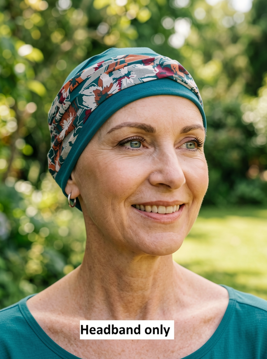 Soft twist jersey patterned stretchy chemo headbands - Sara teal pansy