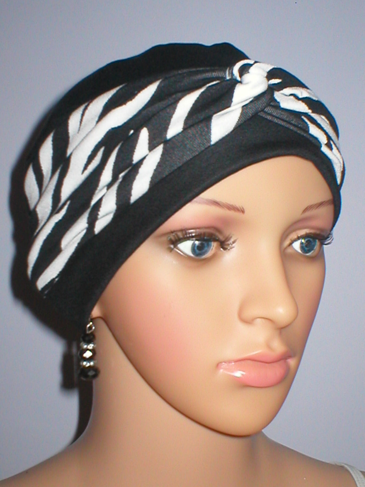 Soft breathable comfortable chemo hat and removable twist headband - Tina black white zebra