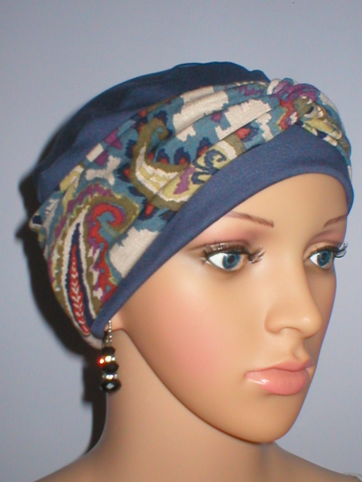 Soft breathable comfortable chemo hat and removable twist headband - Tina steel beige paisley