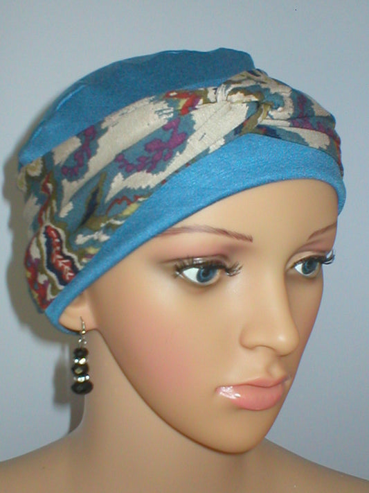 Soft breathable comfortable chemo hat and removable twist headband - Tina denim cappuccino paisley