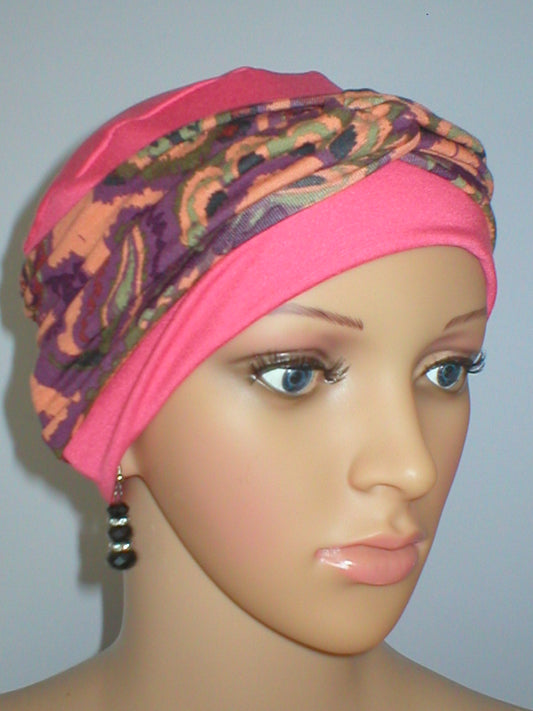 Soft breathable comfortable chemo hat and removable twist headband - Tina coral plum paisley