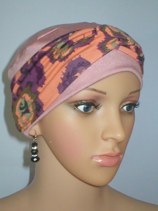 Soft breathable comfortable chemo hat and removable twist headband - Tina dusky coral plum paisley