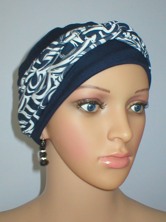 Soft breathable comfortable chemo hat and removable twist headband - Full coverage for cancer hairloss/Alopecia - Navy white floral