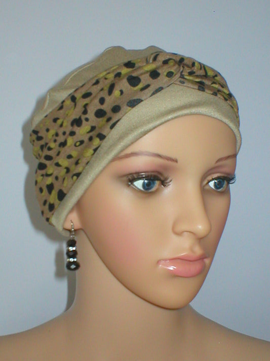 Soft breathable comfortable chemo hat and removable twist headband - Tina camel cheetah