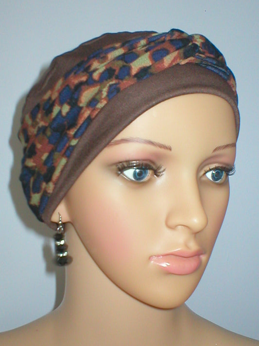 Soft breathable comfortable chemo hat and removable twist headband - Full coverage for cancer hairloss/Alopecia - Tina brown navy spots