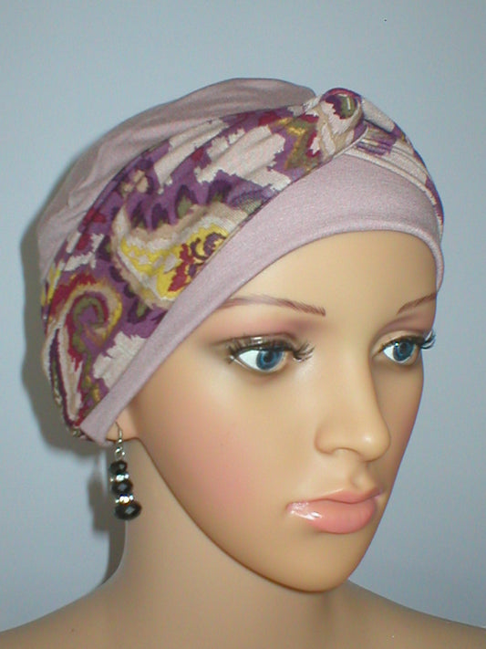 Soft breathable comfortable chemo hat and removable twist headband - Full coverage for cancer hairloss/Alopecia - Tina Heather cappuccino plum paisley