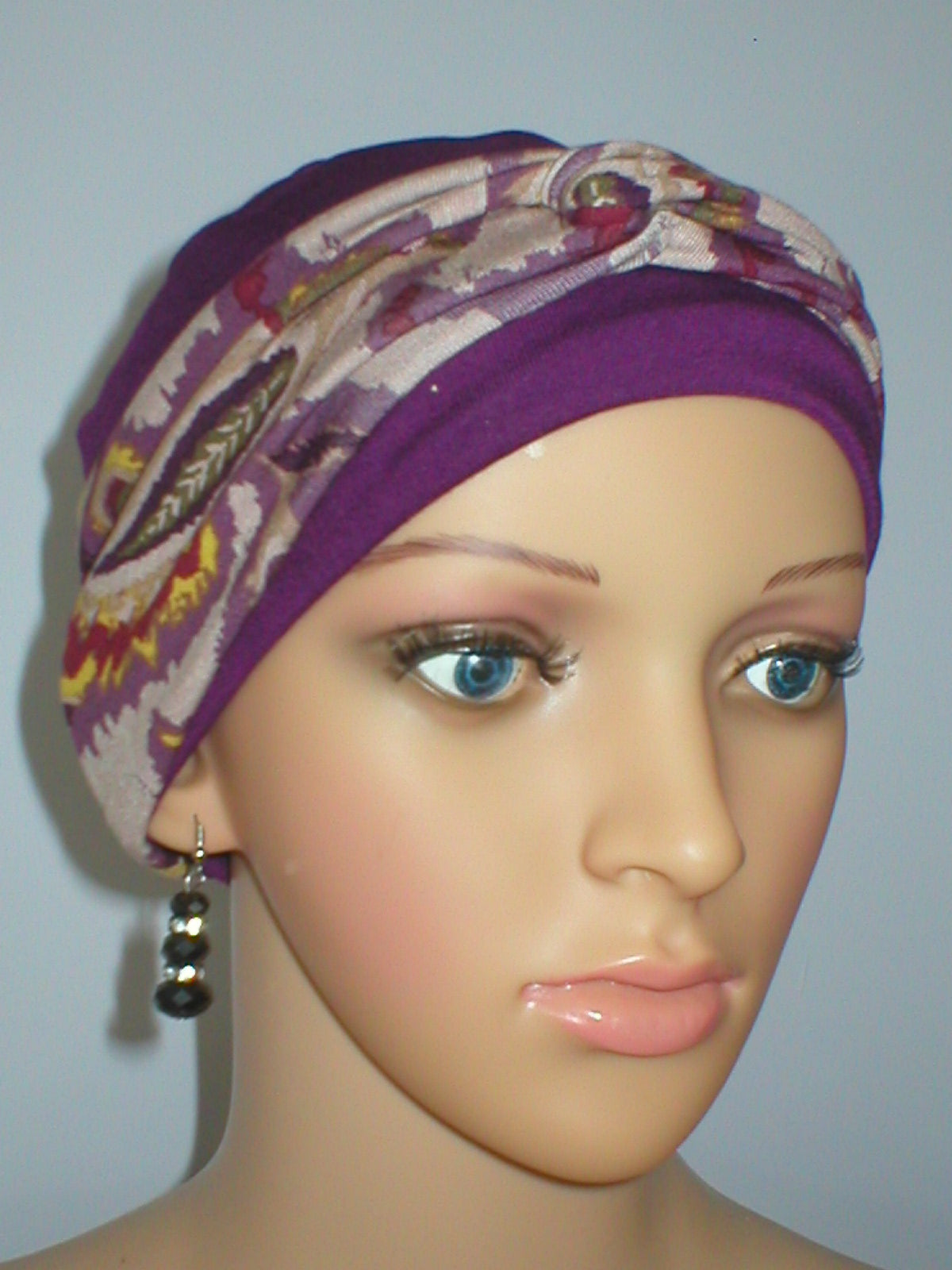 Soft breathable comfortable chemo hat and removable twist headband - Full coverage for cancer hairloss/Alopecia - Plum cappuccino paisley