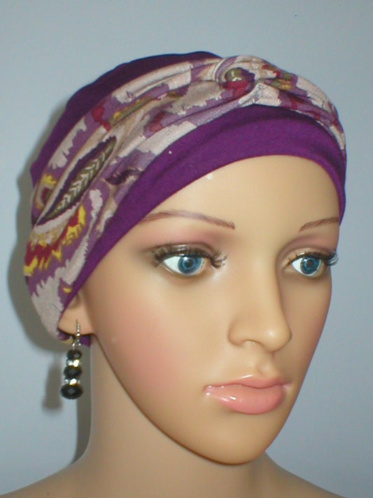 Soft breathable comfortable chemo hat and removable twist headband - Full coverage for cancer hairloss/Alopecia - Plum cappuccino paisley