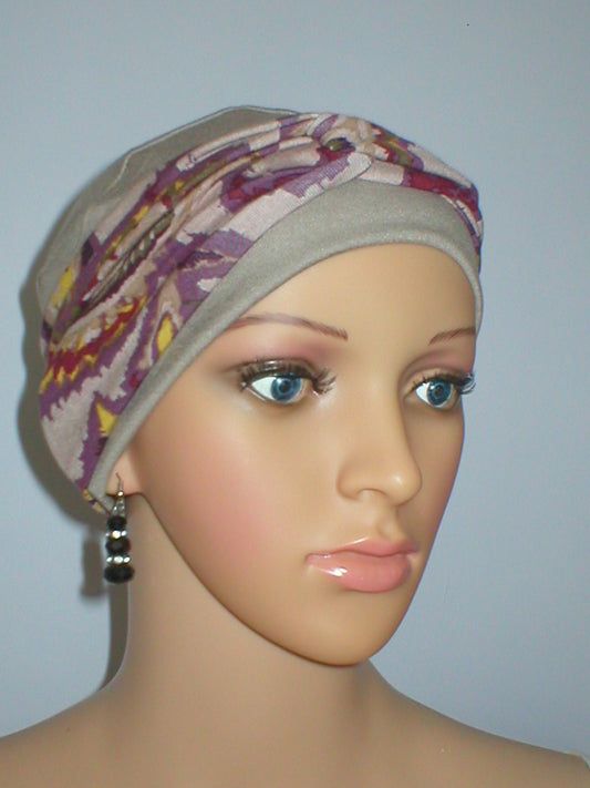 Soft comfy chemo hat for hair loss with interchangable twist headband - Tina cappuccino pink plum paisley