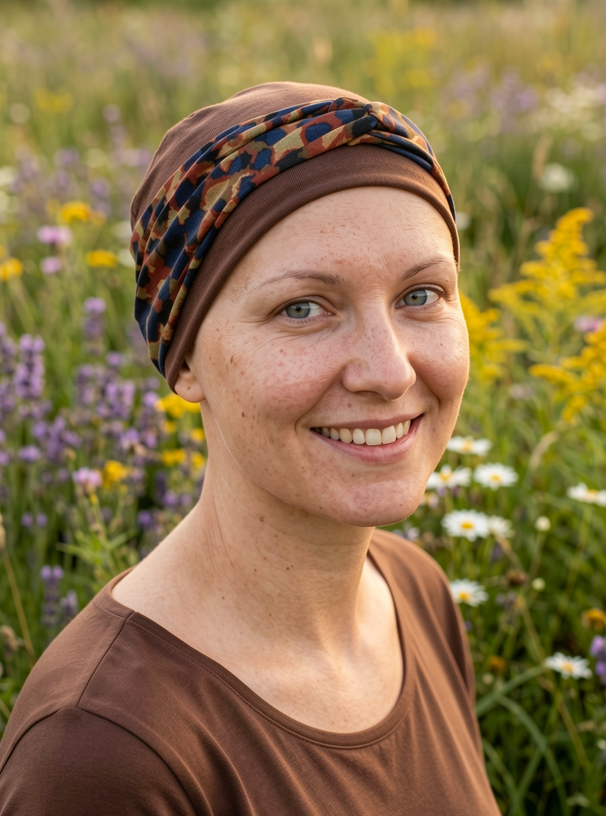 Soft comfy chemo hats for hair loss with interchangable twist headband - Tina brown navy spots