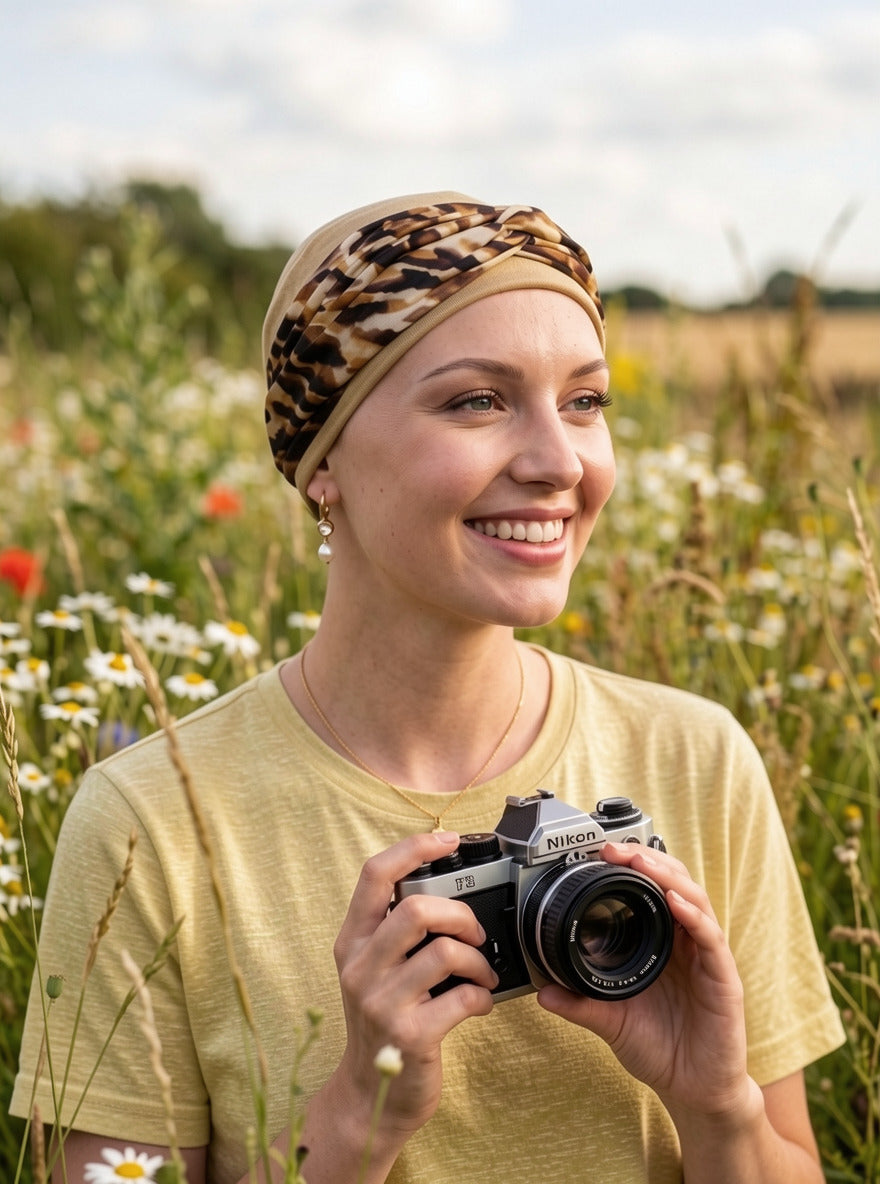 Soft comfortable chemo hat with removable twist headband - Tina caramel brown leopard