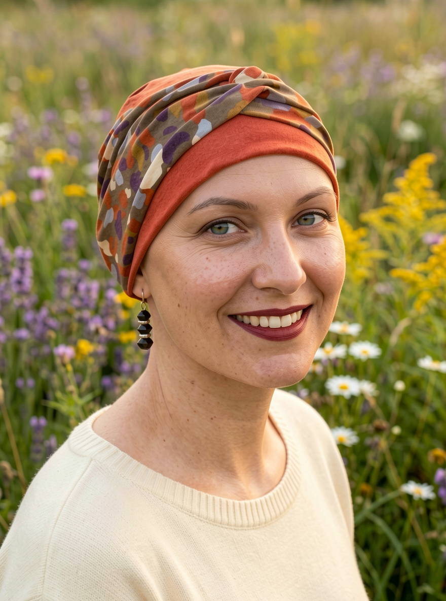 Soft comfy chemo hat with interchangable twist headband - Tina copper autumn palette