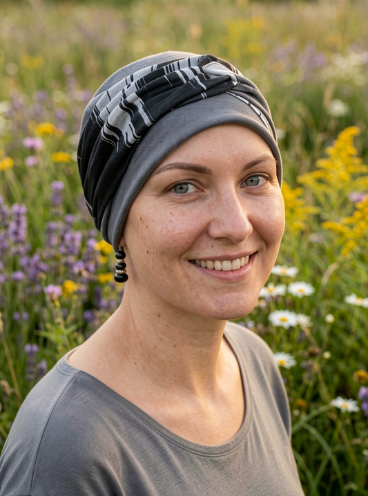 Comfortable ladies chemo hat with interchangable twist headband - Tina grey brushstrokes
