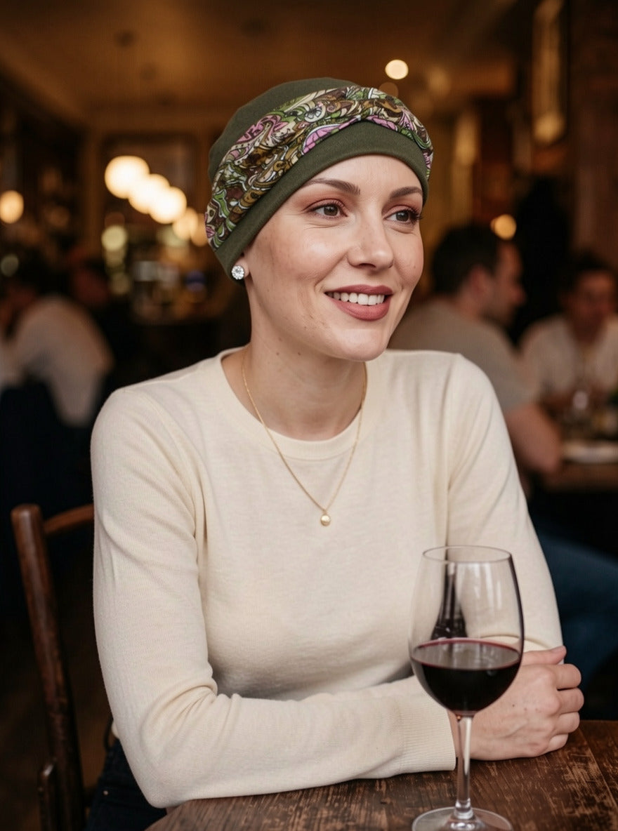 Soft womens comfy chemo hat and removable twist headband - Tina khaki paisley