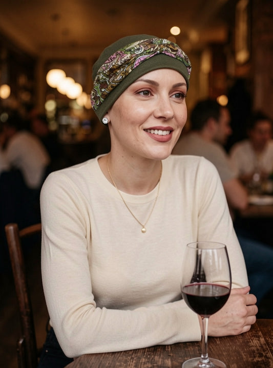 Soft womens comfy chemo hat and removable twist headband - Tina khaki paisley