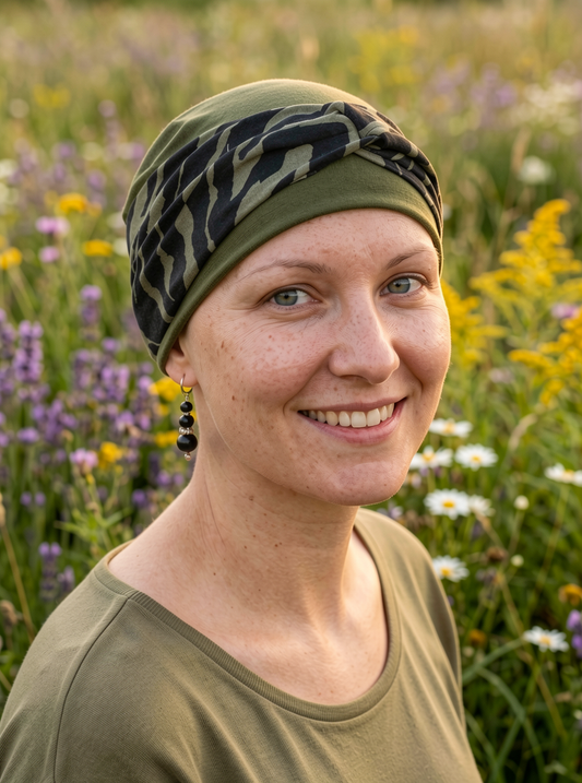 Soft jersey chemo hats and removable headband - Tina khaki zebra