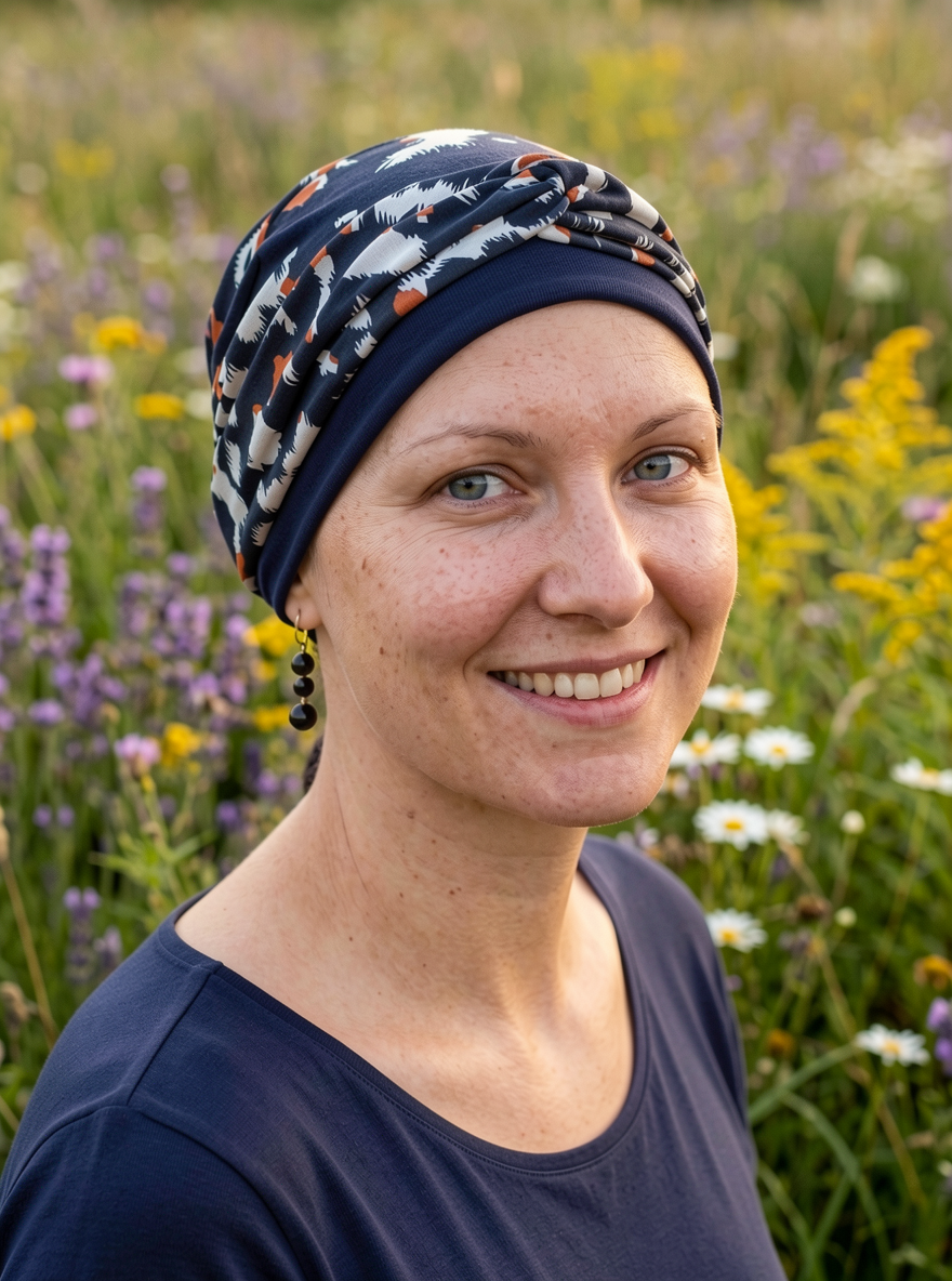 Soft jersey chemo hat and removable twist headband - Tina navy white cheetah