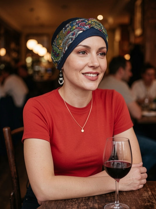 Soft comfy chemo hat and removable twist headband - Tina navy red paisley
