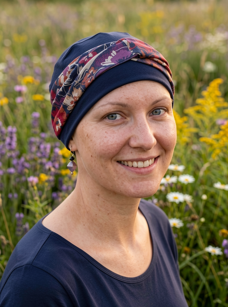 Soft comfy chemo hat with interchangable twist headband - Tina navy pansy