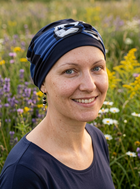 Soft comfy chemo hats for hair loss with removable twist headband - Tina navy royal art