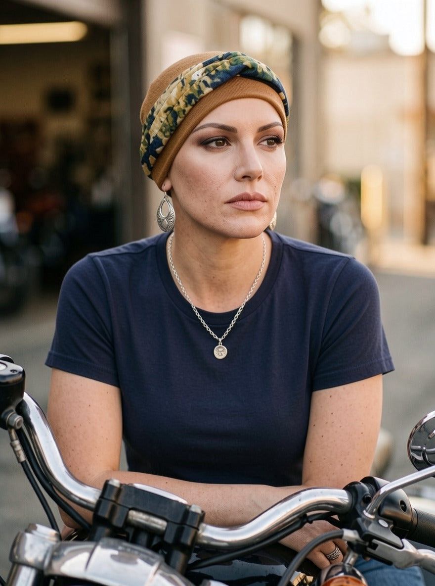 soft chemo hat and removable rose headband - Tina ochre navy pebbles