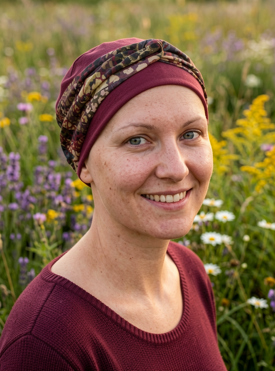 Soft and comfy chemo hat with removable twist headband - Tina wine jungle
