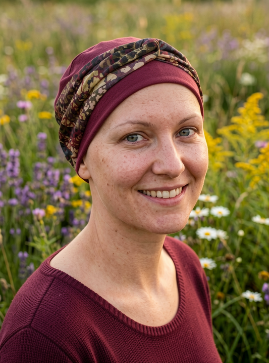 Soft and comfy chemo hat with removable twist headband - Tina wine jungle