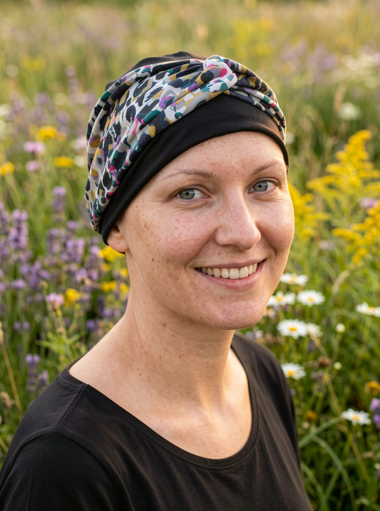 Soft comfy chemo hat and removable twist headband - Tina black bright animal