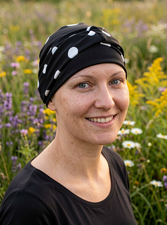 Soft comfy chemo hat and removable headband - Tina black polka
